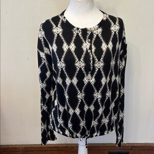 Fred David black white patterned gathered waist top Size M EUC